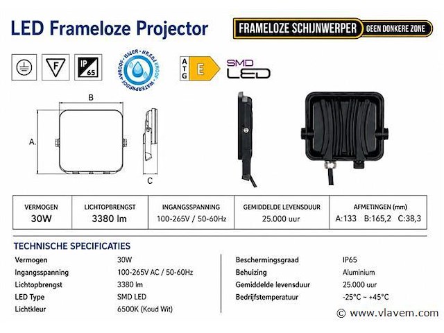 10 x led frameless floodlight 30w – 6400k koud wit – ip66 – pegasus-30 - afbeelding 4 van  5