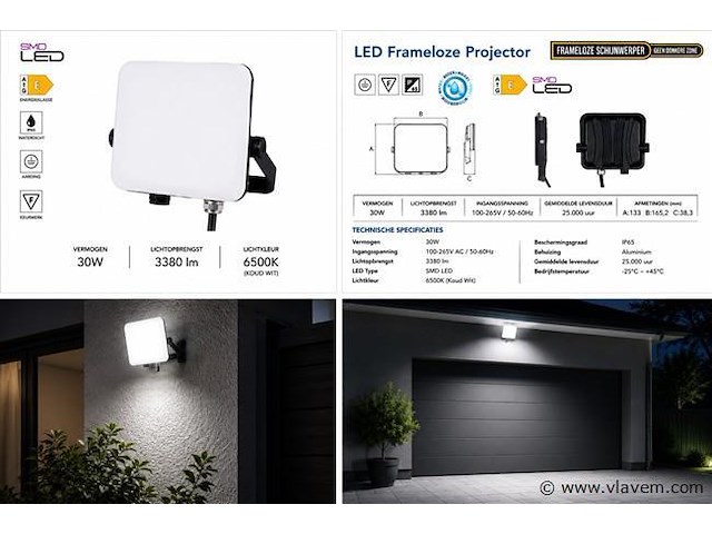 10 x led frameless floodlight 30w – 6400k koud wit – ip66 – pegasus-30 - afbeelding 5 van  5