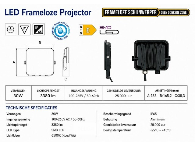 10 x led frameless floodlight 30w – 6400k koud wit – ip66 – pegasus-30 - afbeelding 5 van  6