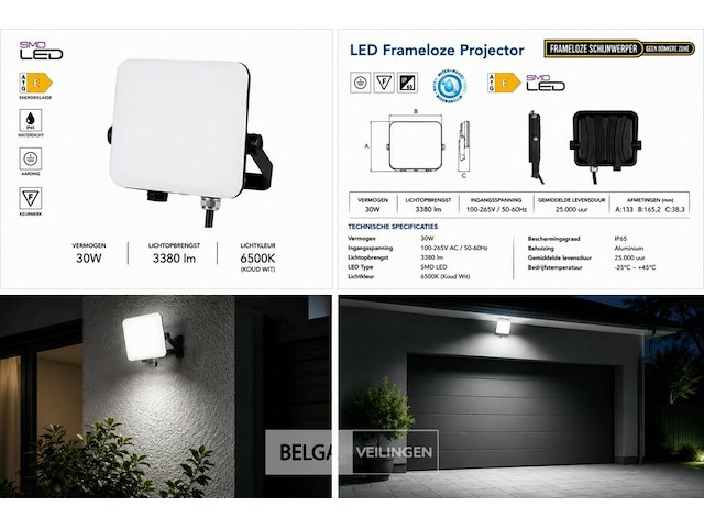 10 x led frameless floodlight 30w – 6400k koud wit – ip66 – pegasus-30 - afbeelding 6 van  6