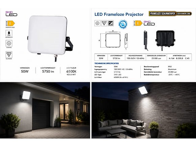 10 x led frameless floodlight 50w – 6400k koud wit – ip66 – pegasus-50 - afbeelding 2 van  5