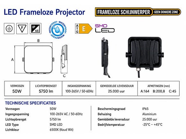 10 x led frameless floodlight 50w – 6400k koud wit – ip66 – pegasus-50 - afbeelding 5 van  5