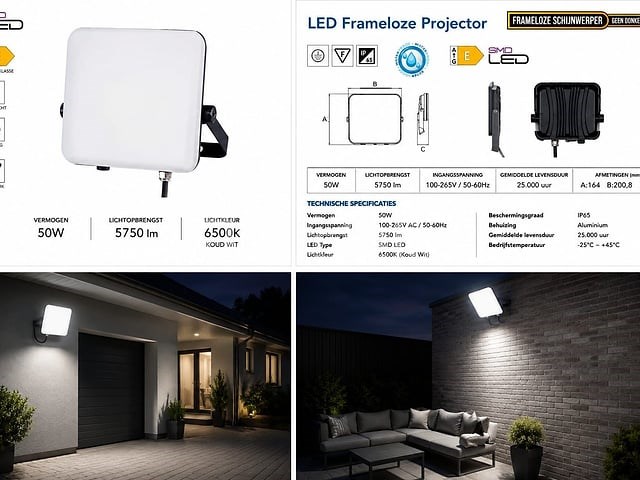 10 x led frameless floodlight 50w – 6400k koud wit – ip66 – pegasus-50 - afbeelding 3 van  5