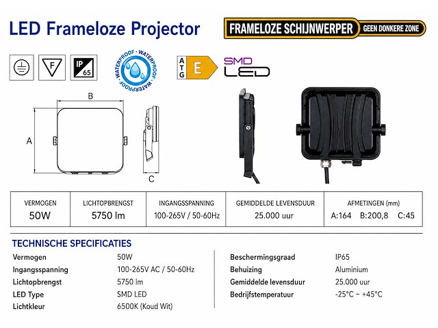 10 x led frameless floodlight 50w – 6400k koud wit – ip66 – pegasus-50 - afbeelding 1 van  2