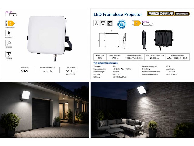 10 x led frameless floodlight 50w – 6400k koud wit – ip66 – pegasus-50 - afbeelding 2 van  2