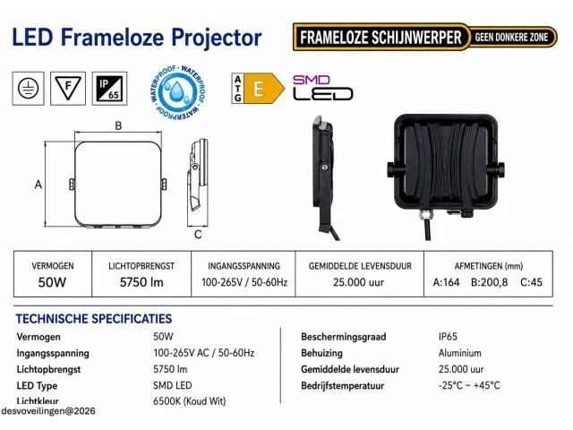 10 x led frameless floodlight 50w – 6400k koud wit – ip66 – pegasus-50 - afbeelding 5 van  6