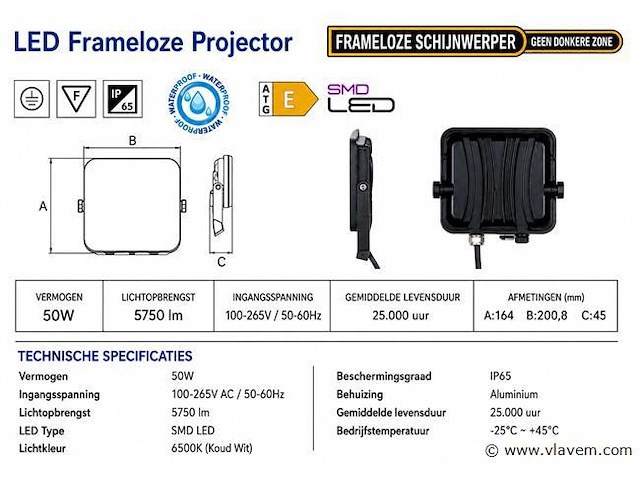 10 x led frameless floodlight 50w – 6400k koud wit – ip66 – pegasus-50 - afbeelding 4 van  5