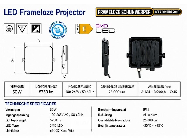 10 x led frameless floodlight 50w – 6400k koud wit – ip66 – pegasus-50 - afbeelding 5 van  6