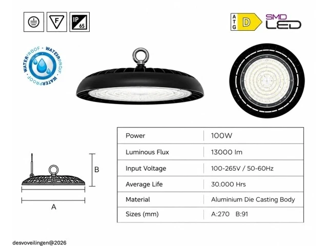 10 x led highbay ufo – 100w – 6400k koud wit – ip65 – agora-100 - afbeelding 5 van  6