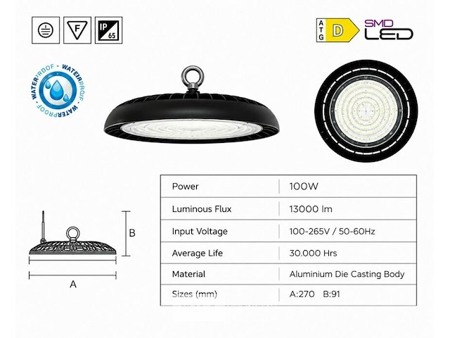 10 x led highbay ufo – 100w – 6400k koud wit – ip65 – agora-100 - afbeelding 5 van  6
