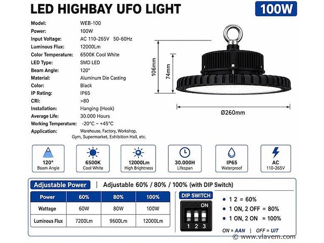 10 x led highbay ufo pro 100w – instelbaar 60% / 80% / 100% – 6500k – web-100 - afbeelding 5 van  6