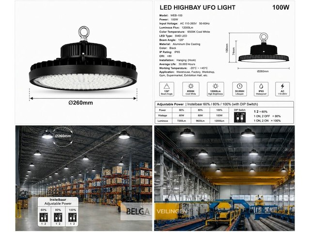 10 x led highbay ufo pro 100w – instelbaar 60% / 80% / 100% – 6500k – web-100 - afbeelding 7 van  7