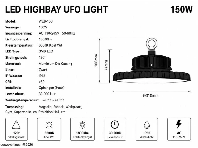 10 x led highbay ufo pro 150w – instelbaar 60% / 80% / 100% – 6500k – web-150 - afbeelding 6 van  7