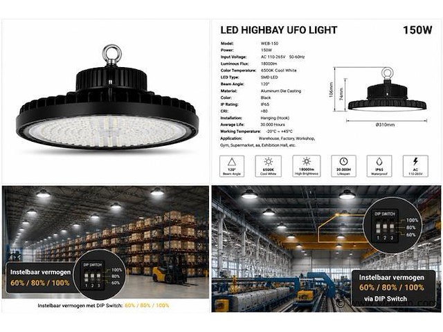 10 x led highbay ufo pro 150w – instelbaar 60% / 80% / 100% – 6500k – web-150 - afbeelding 6 van  6