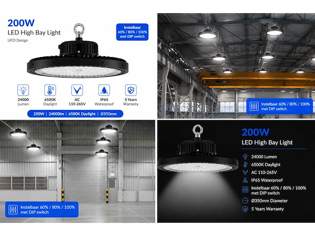 10 x led highbay ufo pro 200w – instelbaar 60% / 80% / 100% – 6500k – web-200 - afbeelding 6 van  6