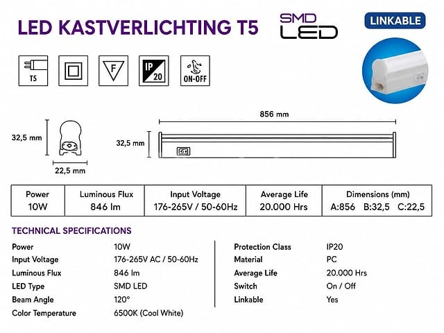10 x led onderbouw lamp 10w – 6400k koud wit - wit – 90cm – ip20 – sigma-10 - afbeelding 3 van  5