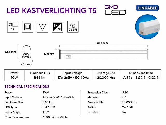 10 x led onderbouw lamp 10w – 6400k koud wit - wit – 90cm – ip20 – sigma-10 - afbeelding 4 van  5