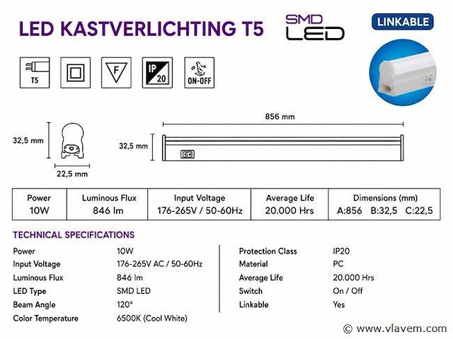 10 x led onderbouw lamp 10w – 6400k koud wit - wit – 90cm – ip20 – sigma-10 - afbeelding 4 van  5