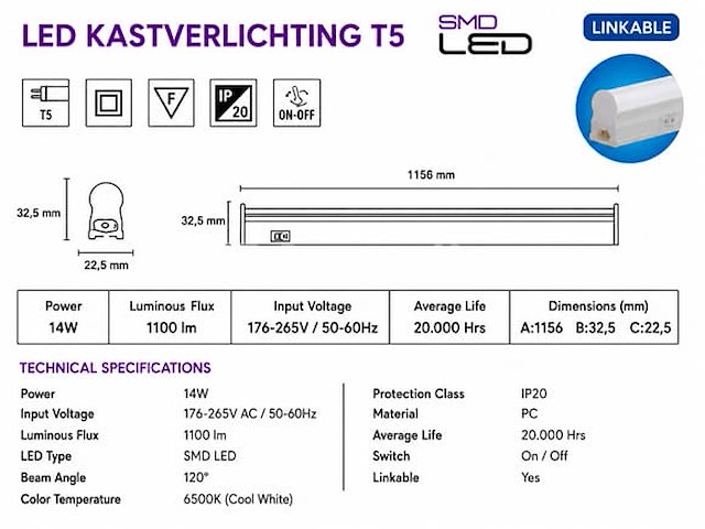 10 x led onderbouw lamp 14w – 6400k koud wit - wit – 120cm – ip20 – sigma-14 - afbeelding 4 van  5
