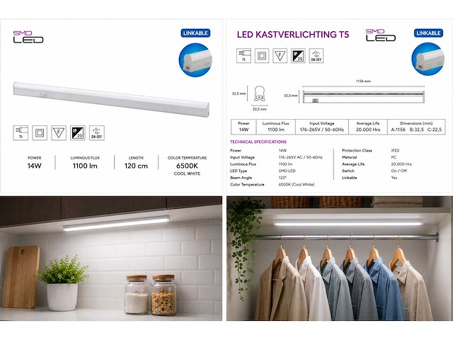 10 x led onderbouw lamp 14w – 6400k koud wit - wit – 120cm – ip20 – sigma-14 - afbeelding 5 van  5