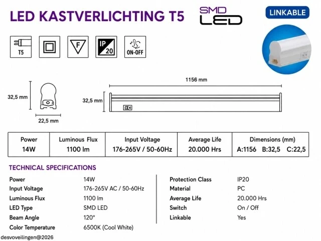 10 x led onderbouw lamp 14w – 6400k koud wit - wit – 120cm – ip20 – sigma-14 - afbeelding 5 van  6