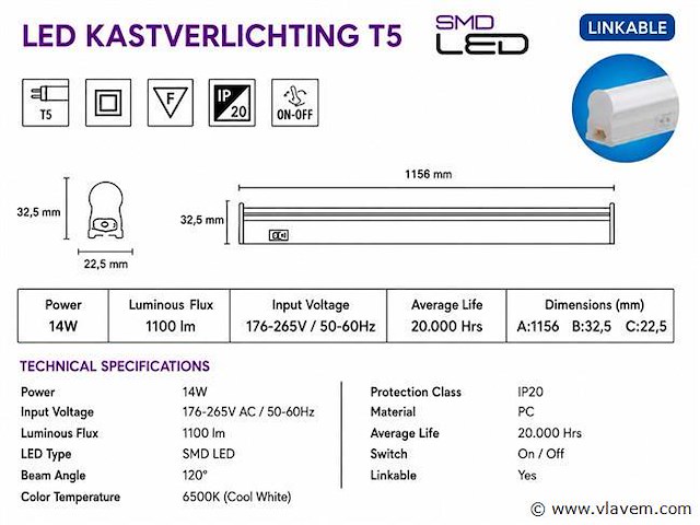 10 x led onderbouw lamp 14w – 6400k koud wit - wit – 120cm – ip20 – sigma-14 - afbeelding 4 van  5