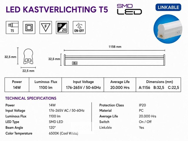 10 x led onderbouw lamp 14w – 6400k koud wit - wit – 120cm – ip20 – sigma-14 - afbeelding 5 van  6