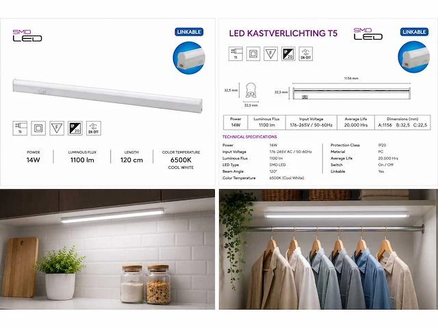 10 x led onderbouw lamp 14w – 6400k koud wit - wit – 120cm – ip20 – sigma-14 - afbeelding 5 van  5