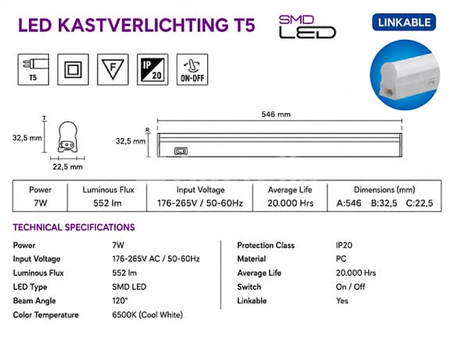 10 x led onderbouw lamp 7w – 6400k koud wit - wit – 60cm – ip20 – sigma-7 - afbeelding 3 van  5