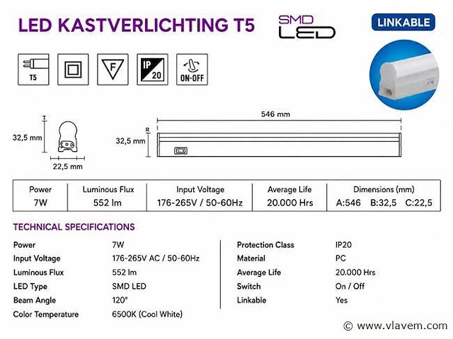 10 x led onderbouw lamp 7w – 6400k koud wit - wit – 60cm – ip20 – sigma-7 - afbeelding 4 van  5