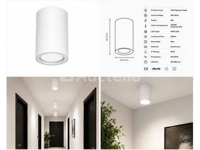 10 x led opbouw spot 5w – 4200k neutraal wit - wit – ip20 – sandra-5/xl - afbeelding 3 van  5