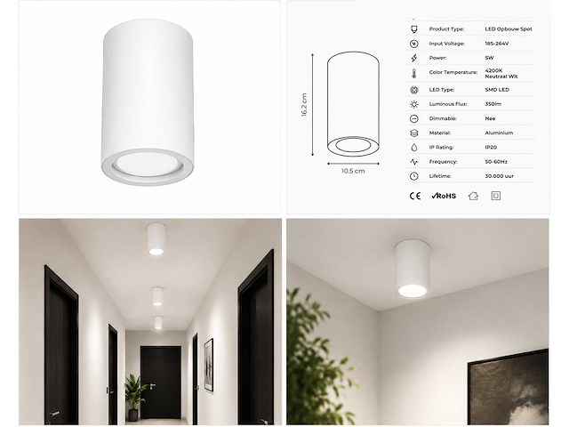 10 x led opbouw spot 5w – 4200k neutraal wit - wit – ip20 – sandra-5/xl - afbeelding 2 van  5