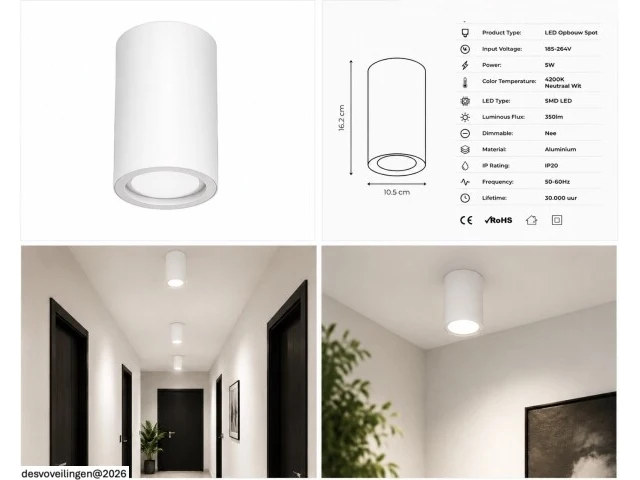 10 x led opbouw spot 5w – 4200k neutraal wit - wit – ip20 – sandra-5/xl - afbeelding 3 van  6