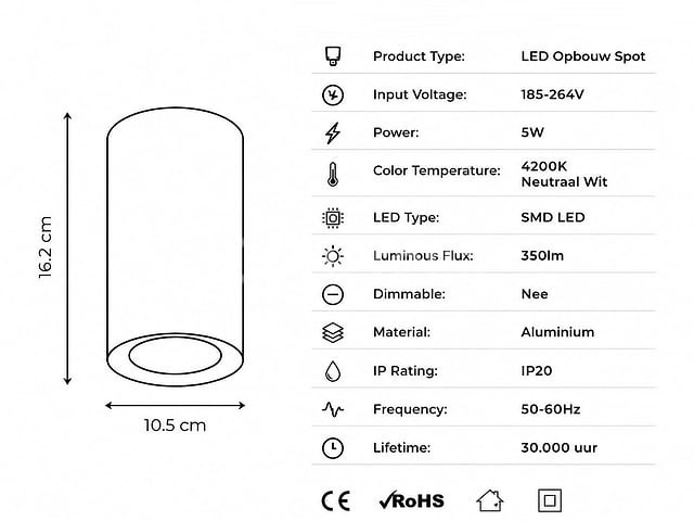 10 x led opbouw spot 5w – 4200k neutraal wit - zwart – ip20 – sandra-5/xl - afbeelding 4 van  5