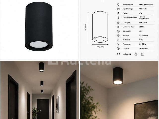 10 x led opbouw spot 5w – 4200k neutraal wit - zwart – ip20 – sandra-5/xl - afbeelding 5 van  5
