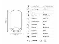 10 x led opbouw spot 5w – 4200k neutraal wit - zwart – ip20 – sandra-5/xl - afbeelding 1 van  3