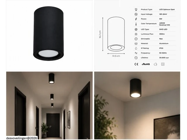 10 x led opbouw spot 5w – 4200k neutraal wit - zwart – ip20 – sandra-5/xl - afbeelding 5 van  6