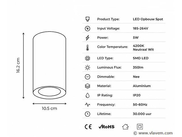 10 x led opbouw spot 5w – 4200k neutraal wit - zwart – ip20 – sandra-5/xl - afbeelding 2 van  5