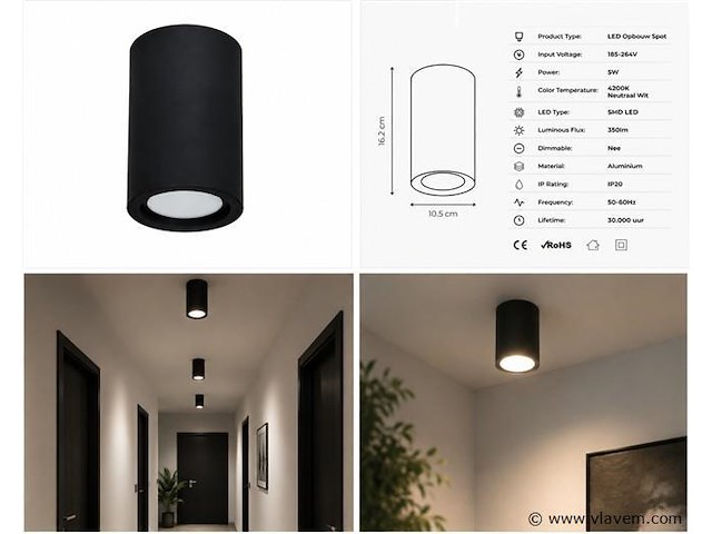 10 x led opbouw spot 5w – 4200k neutraal wit - zwart – ip20 – sandra-5/xl - afbeelding 4 van  5