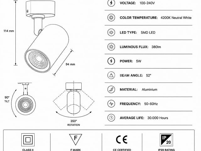 10 x led rail spot 5w – 4200k neutraal wit - wit – ip20 – arizona-5 - afbeelding 5 van  5