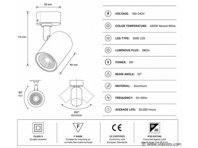 10 x led rail spot 5w – 4200k neutraal wit - wit – ip20 – arizona-5 - afbeelding 4 van  5