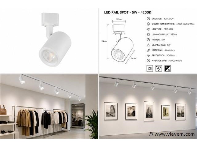 10 x led rail spot 5w – 4200k neutraal wit - wit – ip20 – arizona-5 - afbeelding 5 van  5