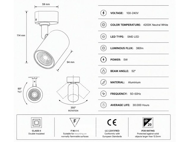 10 x led rail spot 5w – 4200k neutraal wit - wit – ip20 – arizona-5 - afbeelding 5 van  6