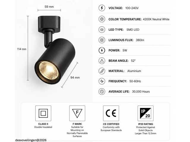 10 x led rail spot 5w – 4200k neutraal wit - zwart – ip20 – arizona-5 - afbeelding 5 van  6