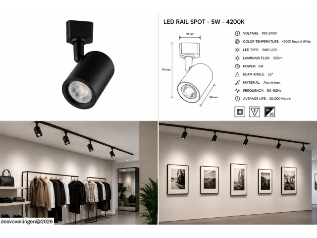 10 x led rail spot 5w – 4200k neutraal wit - zwart – ip20 – arizona-5 - afbeelding 6 van  6
