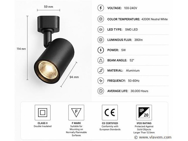 10 x led rail spot 5w – 4200k neutraal wit - zwart – ip20 – arizona-5 - afbeelding 4 van  5