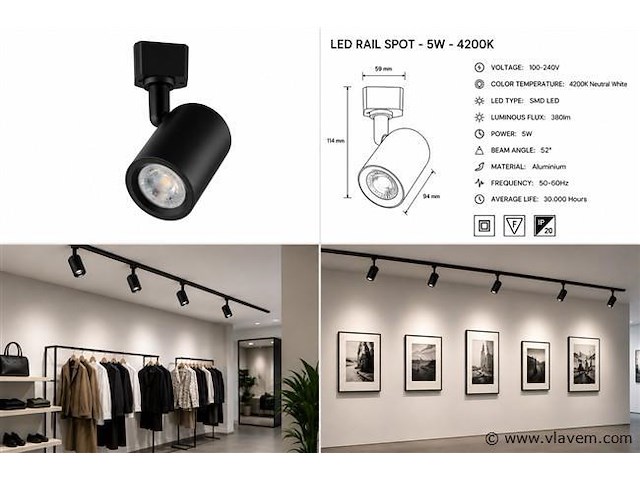 10 x led rail spot 5w – 4200k neutraal wit - zwart – ip20 – arizona-5 - afbeelding 5 van  5