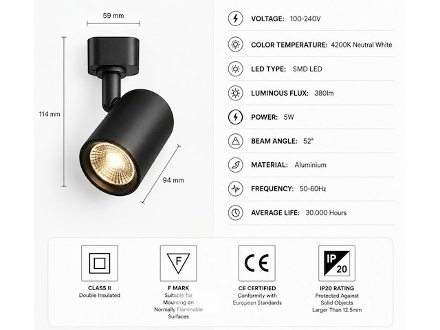 10 x led rail spot 5w – 4200k neutraal wit - zwart – ip20 – arizona-5 - afbeelding 5 van  6