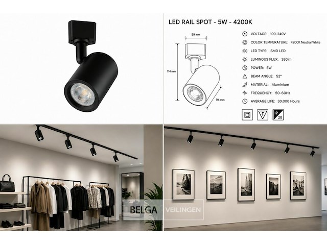 10 x led rail spot 5w – 4200k neutraal wit - zwart – ip20 – arizona-5 - afbeelding 6 van  6