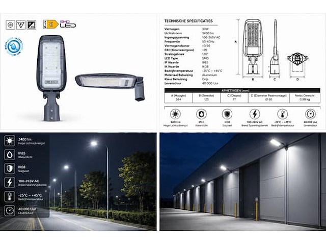 10 x led straatlamp 30w – 6400k koud wit - grijs – ip65 – florida-30 - afbeelding 3 van  5